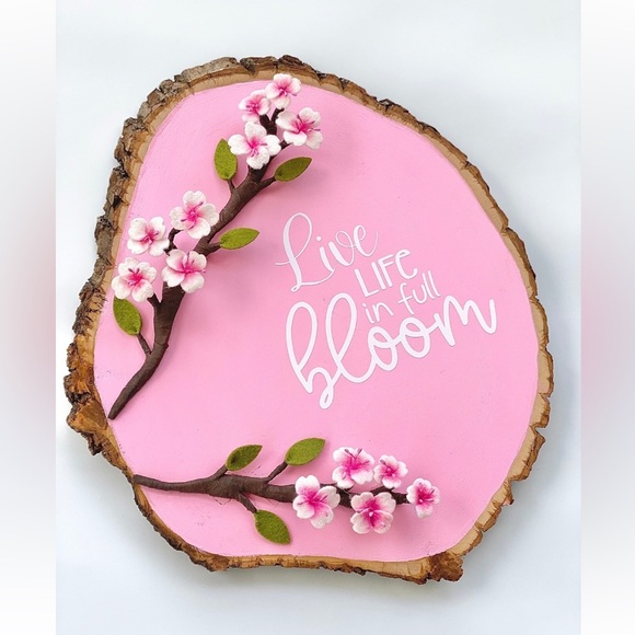 Felt and Fauna Other - Pink Background With White Cherry Blossoms/Live Life in Full Bloom Wall Art